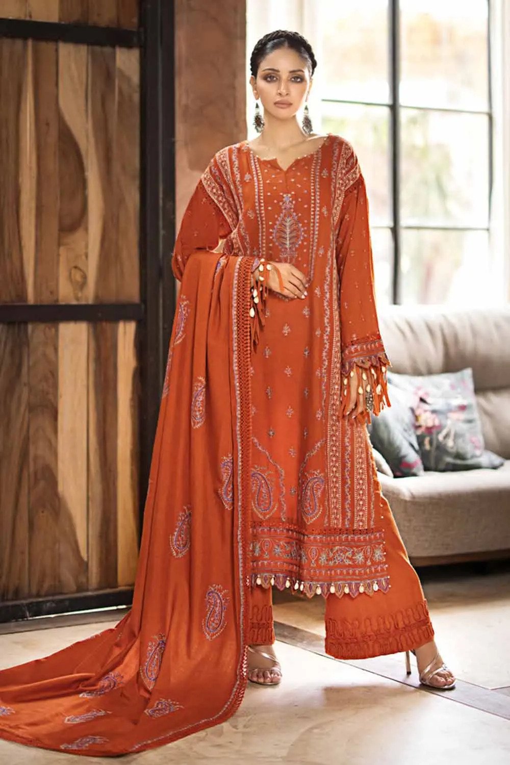 3PC Embroidered Pashmina Unstitched Suit with Embroidered Pashmina Shawl AP-32041