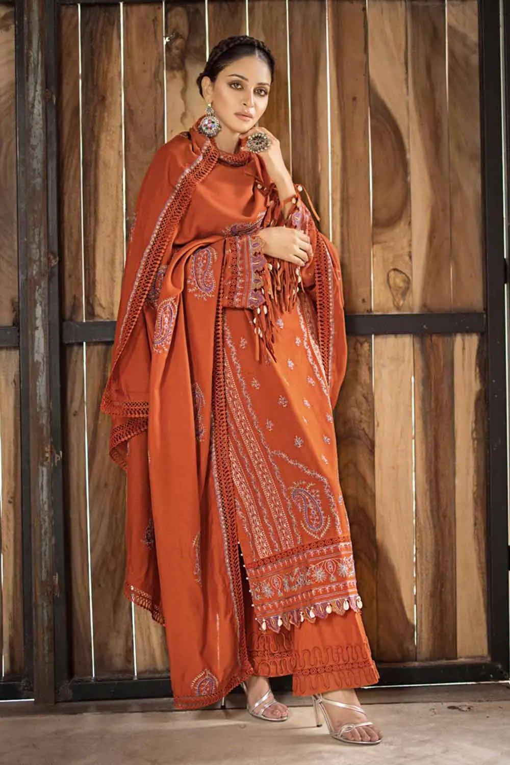 3PC Embroidered Pashmina Unstitched Suit with Embroidered Pashmina Shawl AP-32041