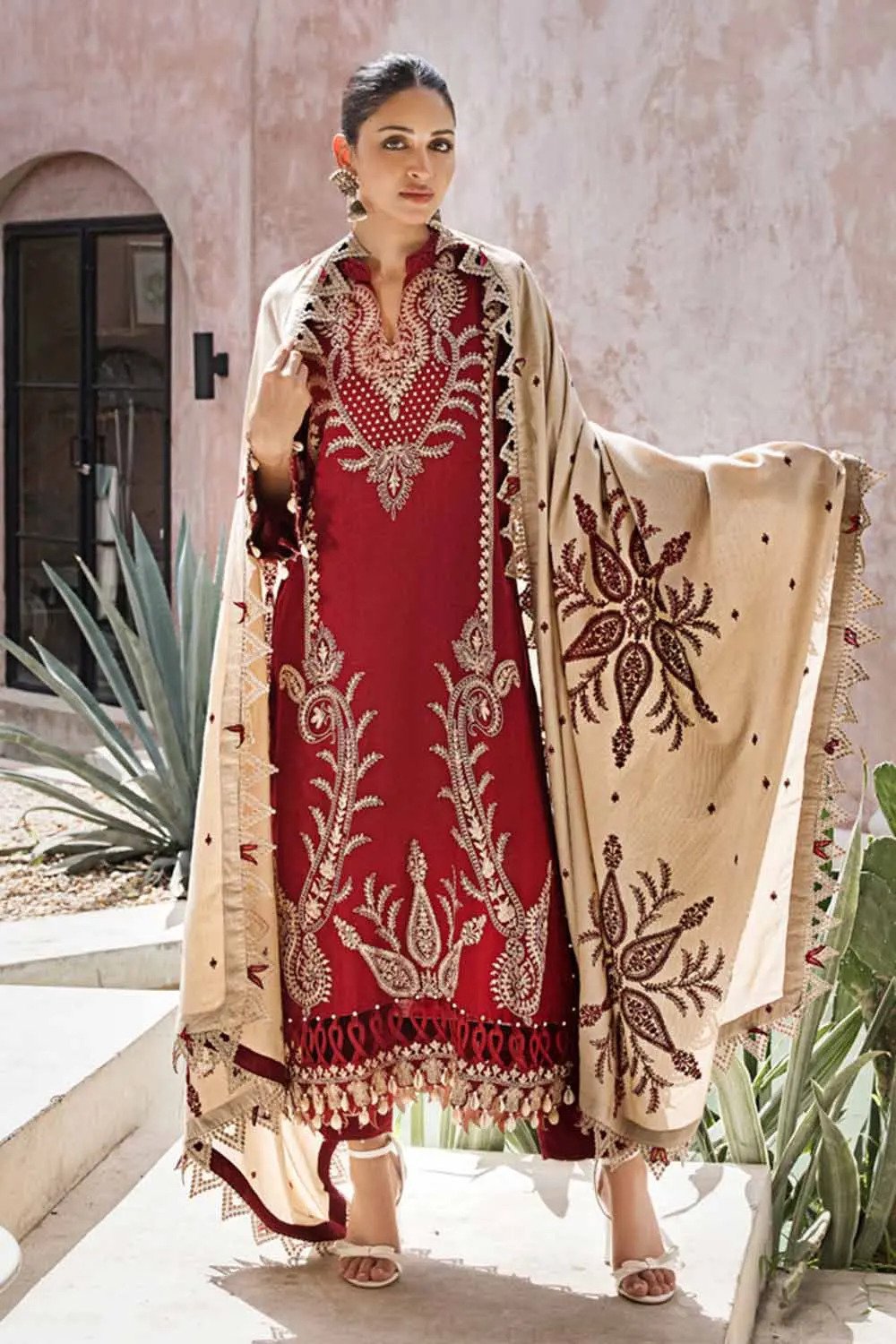 3PC Embroidered Pashmina Unstitched Suit with Embroidered Pashmina Shawl AP-32042