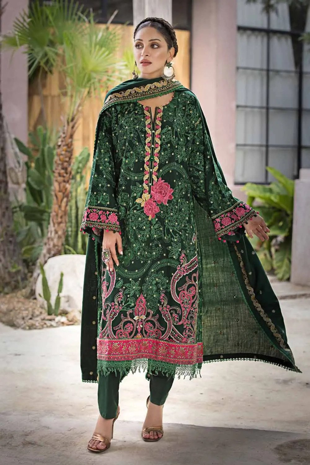 3PC Embroidered Pashmina Unstitched Suit with Embroidered Pashmina Shawl AP-32045