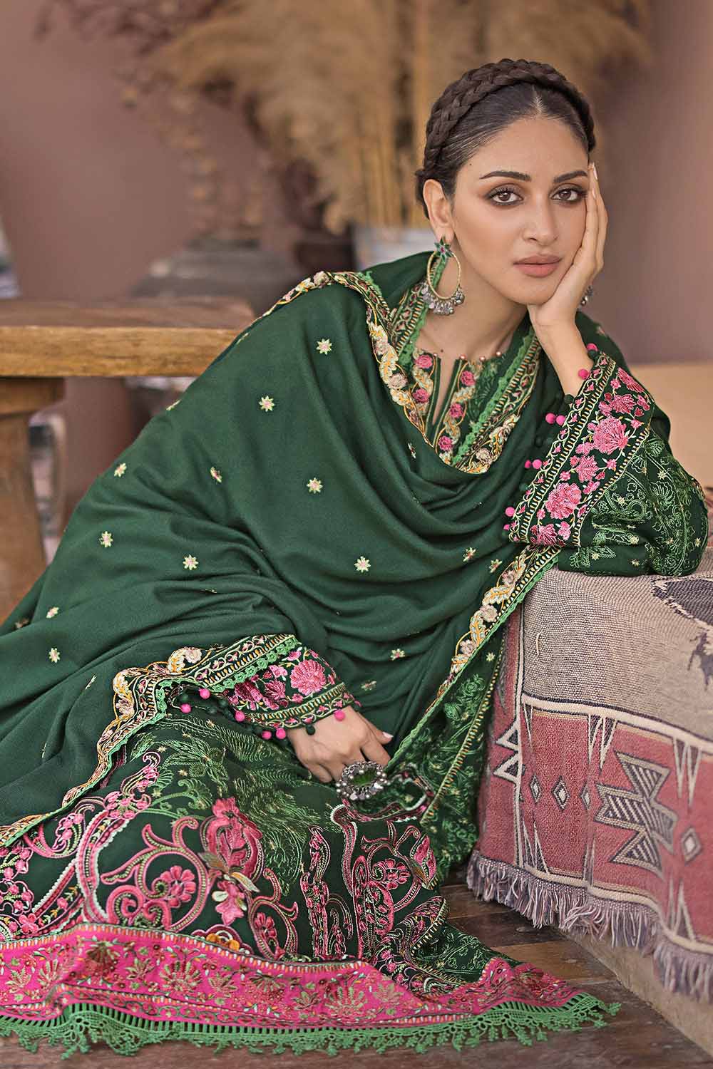 3PC Embroidered Pashmina Unstitched Suit with Embroidered Pashmina Shawl AP-32045