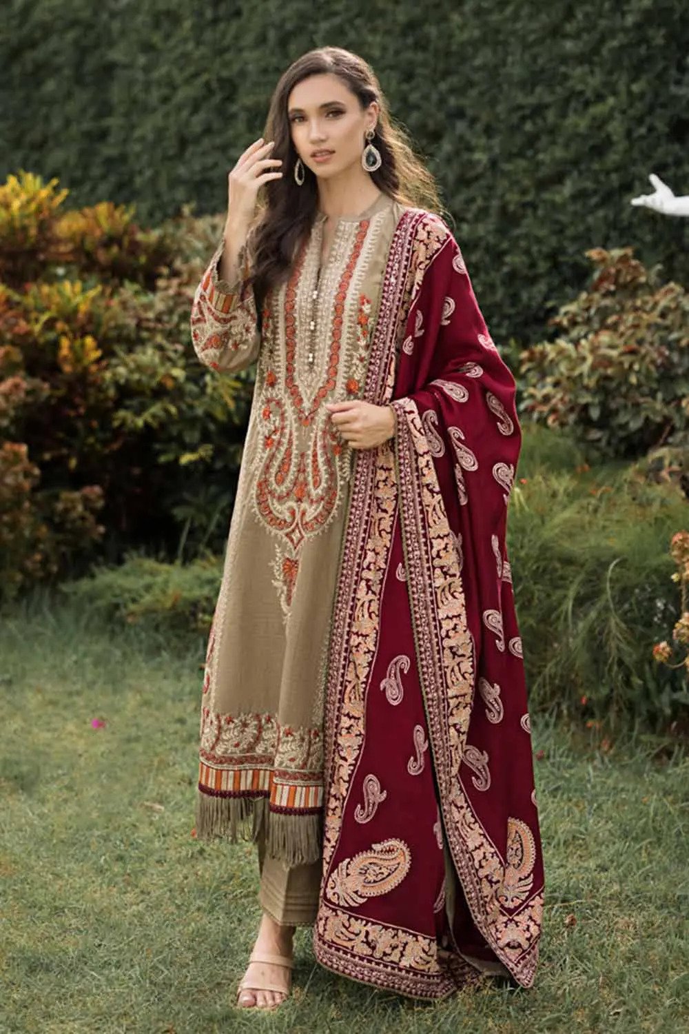 3PC Embroidered Khaddar Unstitched Suit with Embroidered Pashmina Shawl AP-32050