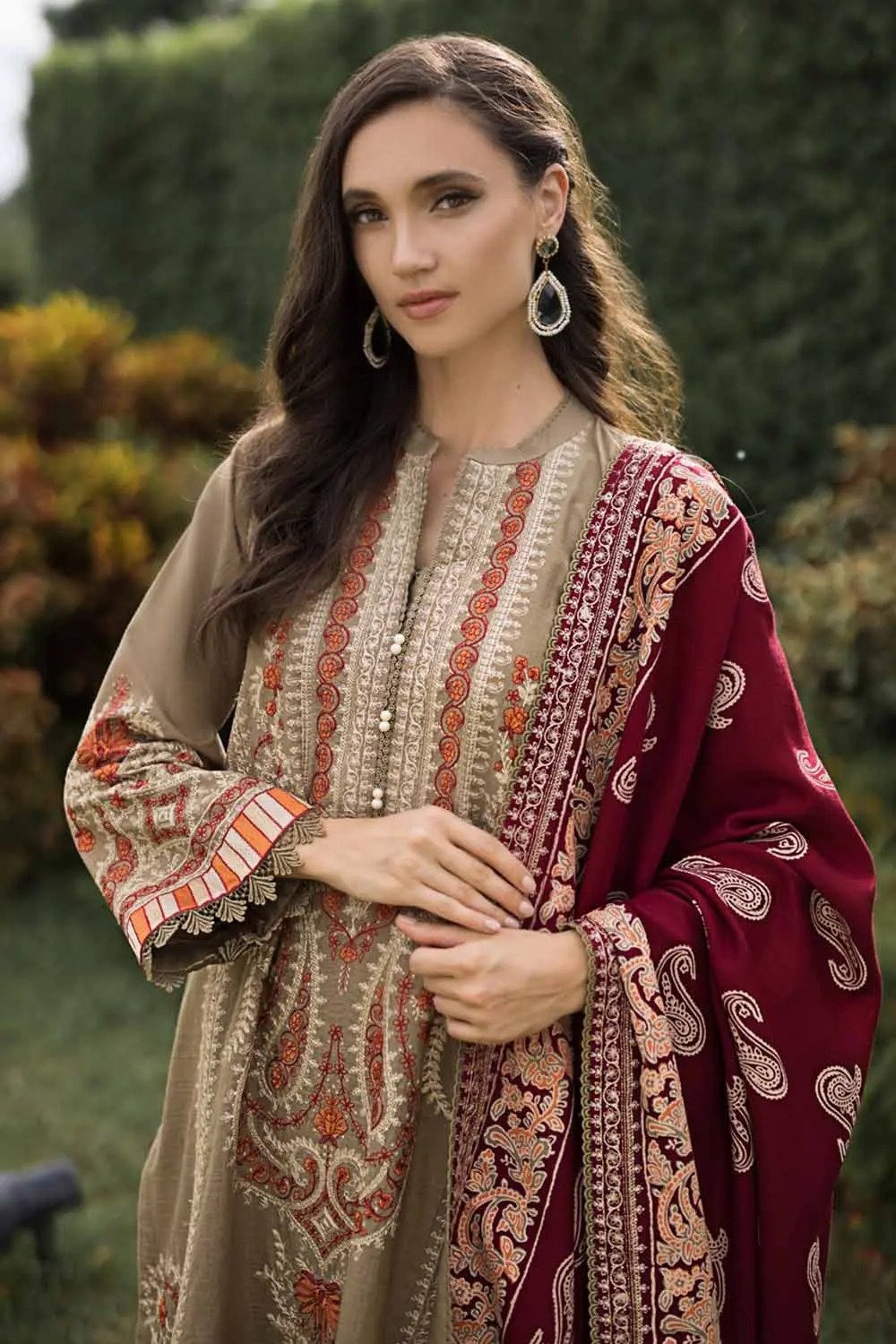 3PC Embroidered Khaddar Unstitched Suit with Embroidered Pashmina Shawl AP-32050