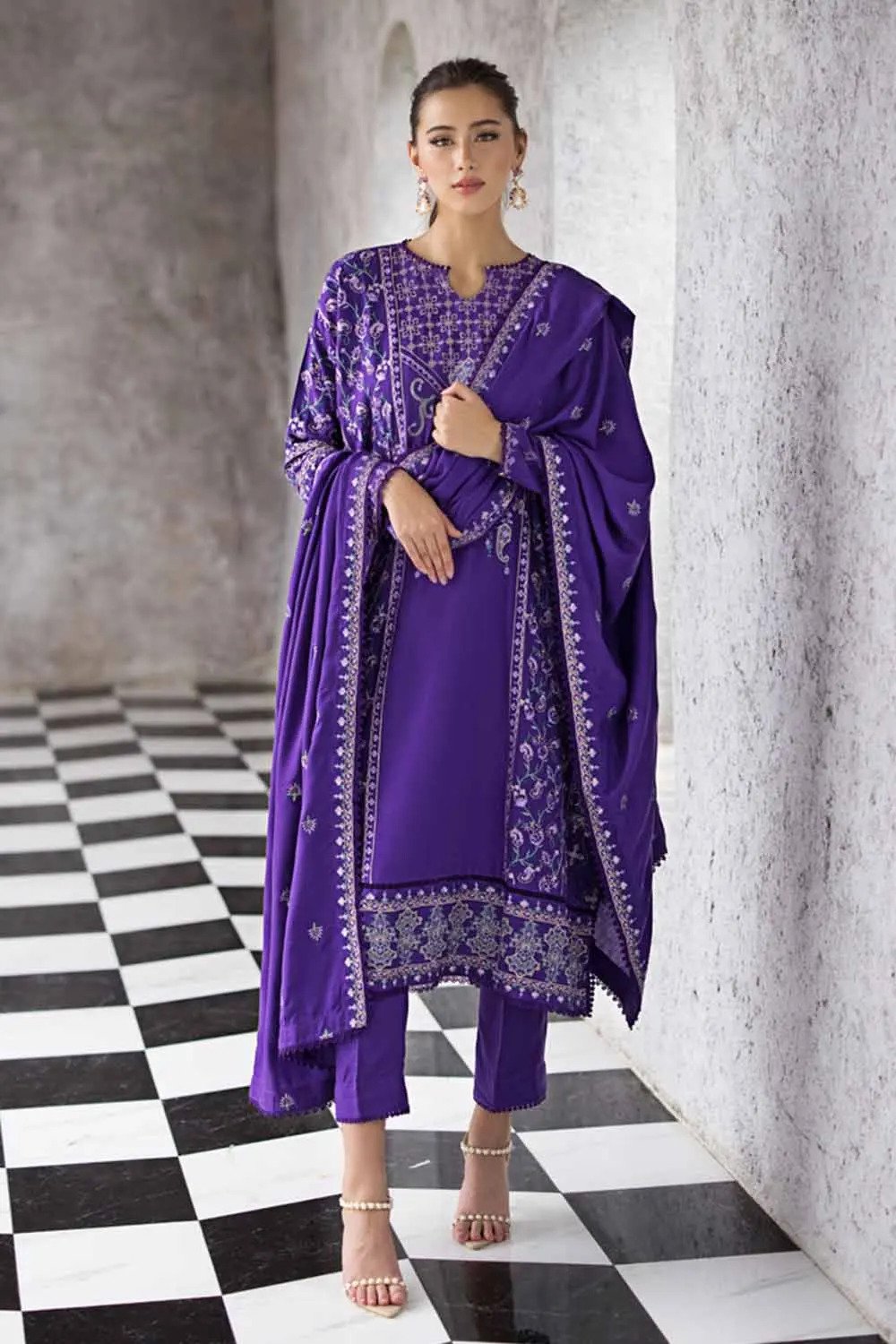 3PC Embroidered Pashmina Unstitched Suit with Embroidered Pashmina Shawl AP-32054