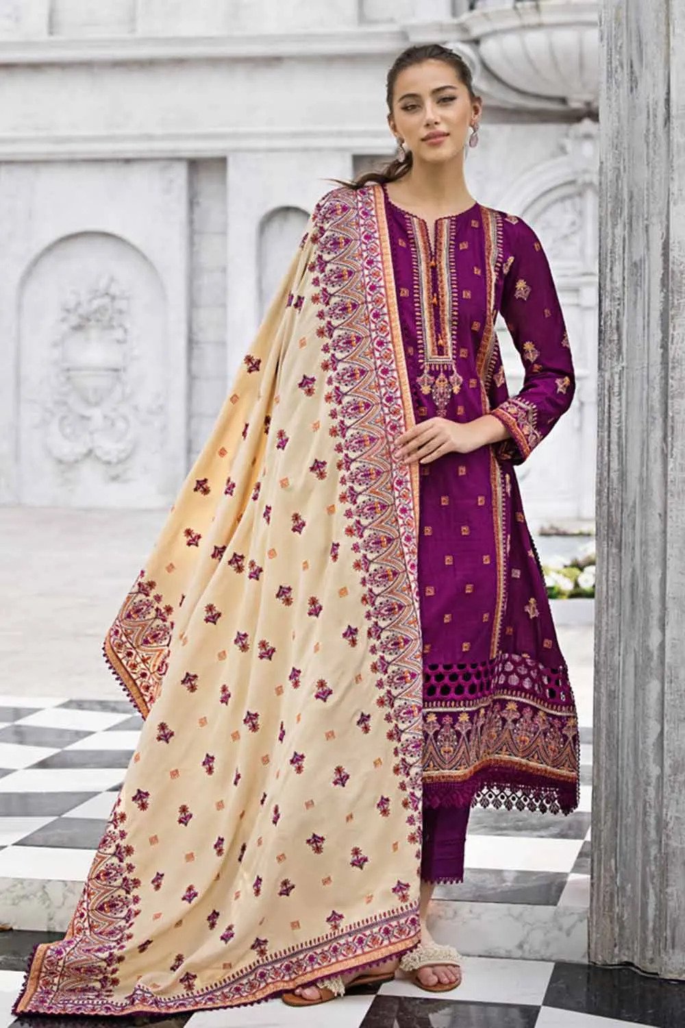 3PC Embroidered Khaddar Unstitched Suit with Embroidered Pashmina Shawl AP-32064
