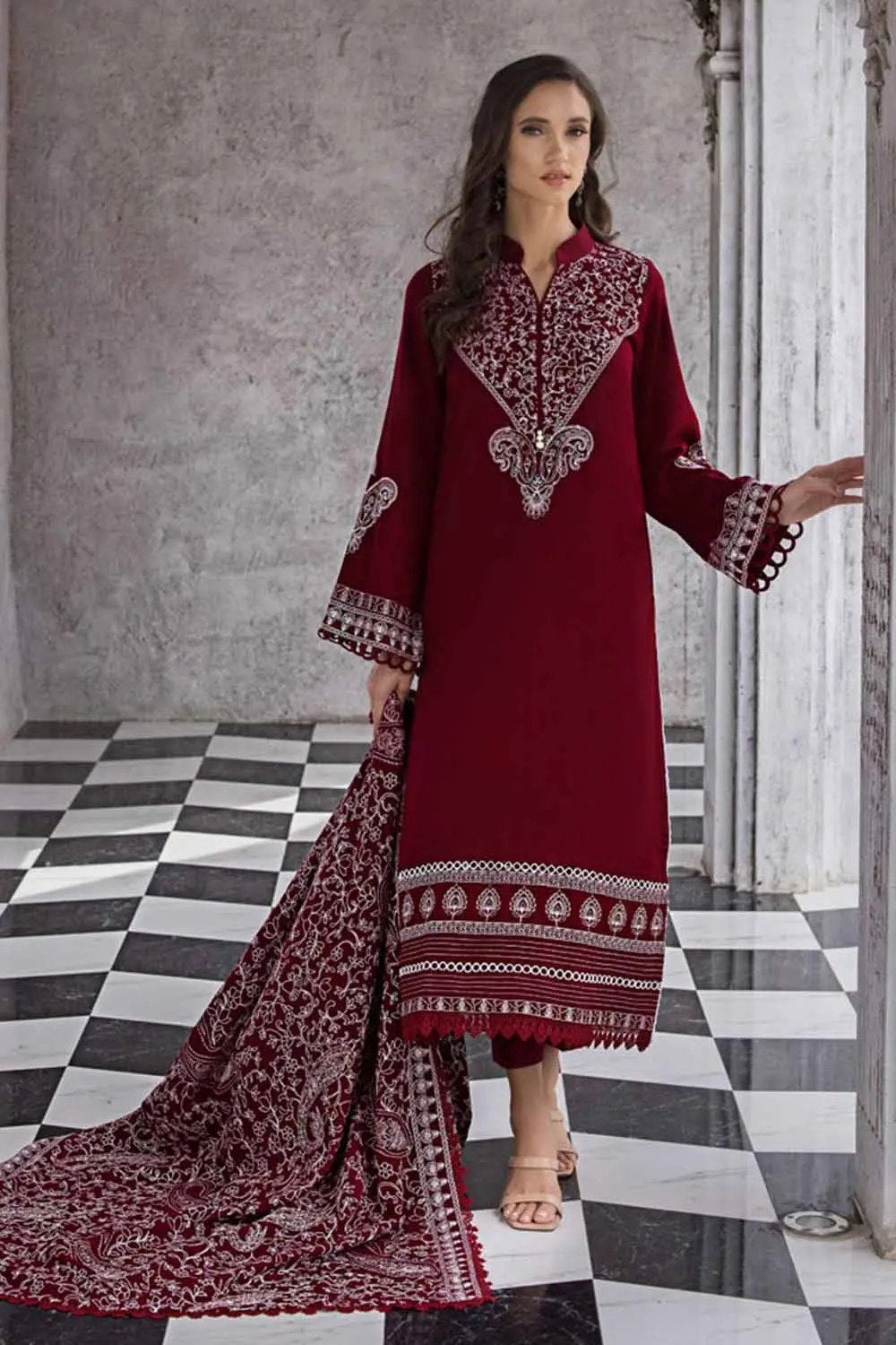 3PC Embroidered Pashmina Unstitched Suit with Embroidered Pashmina Shawl AP-32066