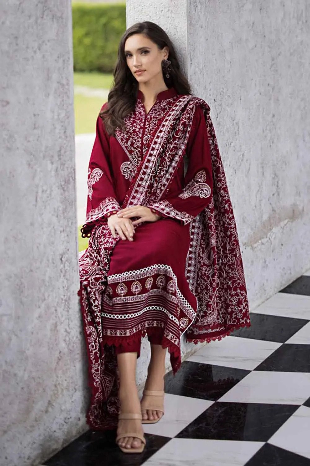 3PC Embroidered Pashmina Unstitched Suit with Embroidered Pashmina Shawl AP-32066