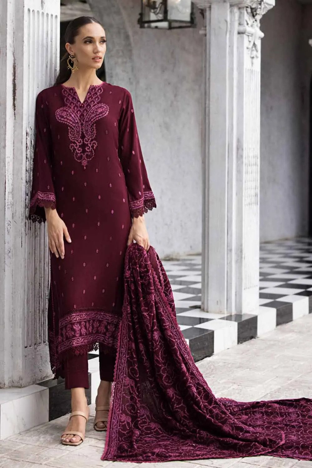3PC Embroidered Pashmina Unstitched Suit with Embroidered Pashmina Shawl AP-32072