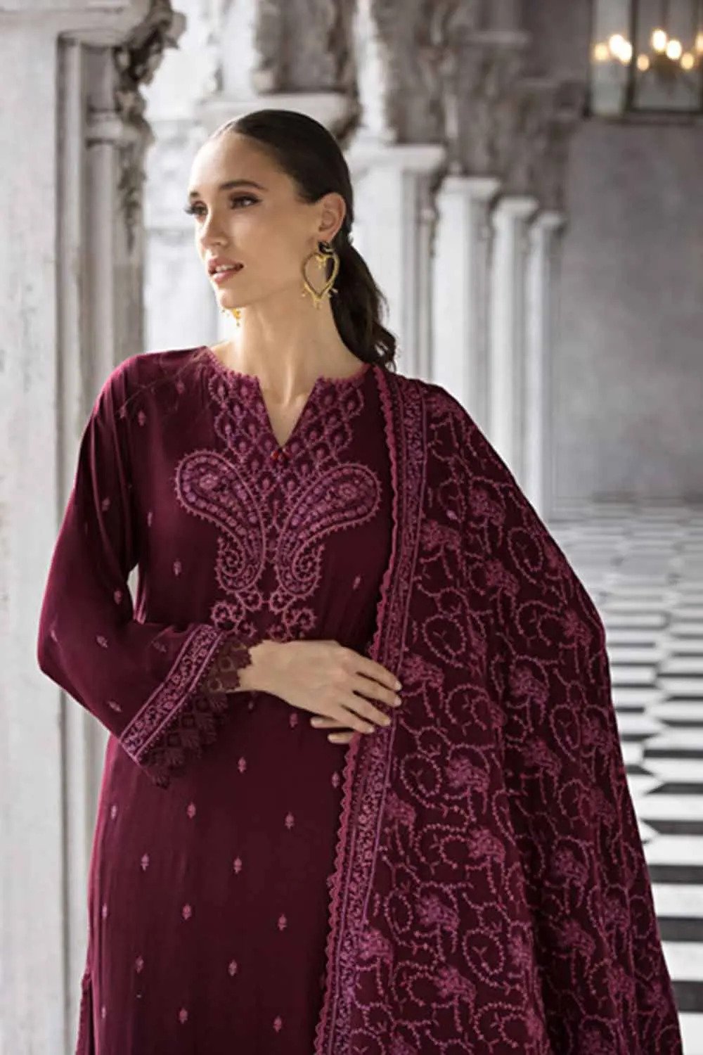 3PC Embroidered Pashmina Unstitched Suit with Embroidered Pashmina Shawl AP-32072