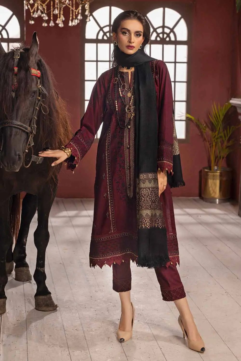 3PC Embroidered Khaddar Unstitched Suit with Pashmina Shawl AP-32085