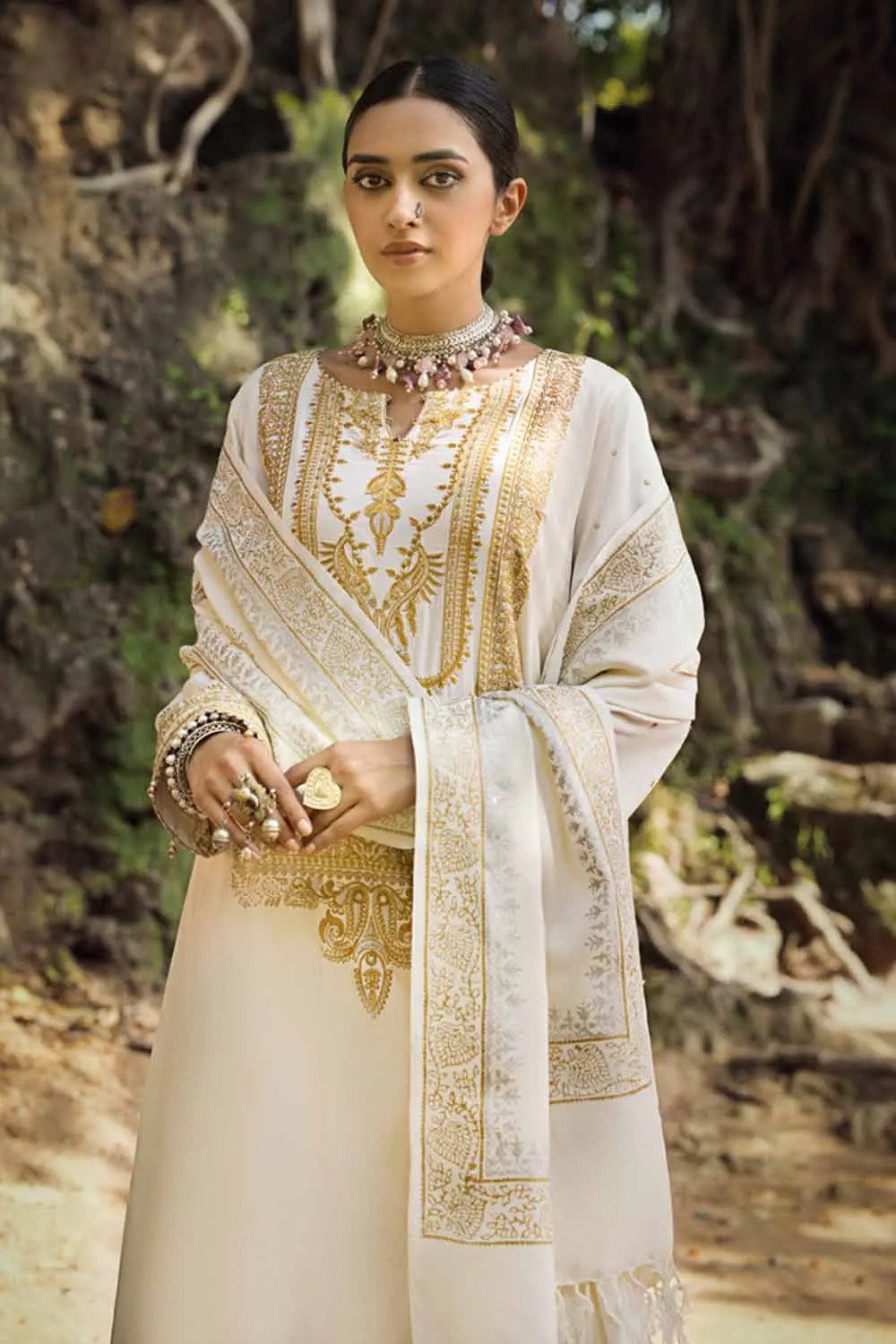 3PC Embroidered Cotail Unstitched Suit with Gold and Silver Printed Pashmina Shawl AP-32091