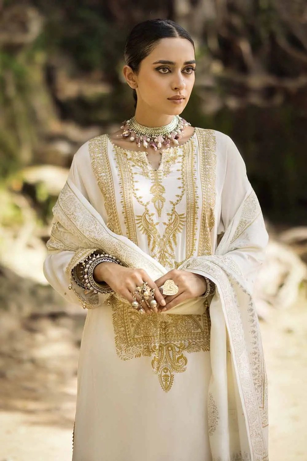 3PC Embroidered Cotail Unstitched Suit with Gold and Silver Printed Pashmina Shawl AP-32091