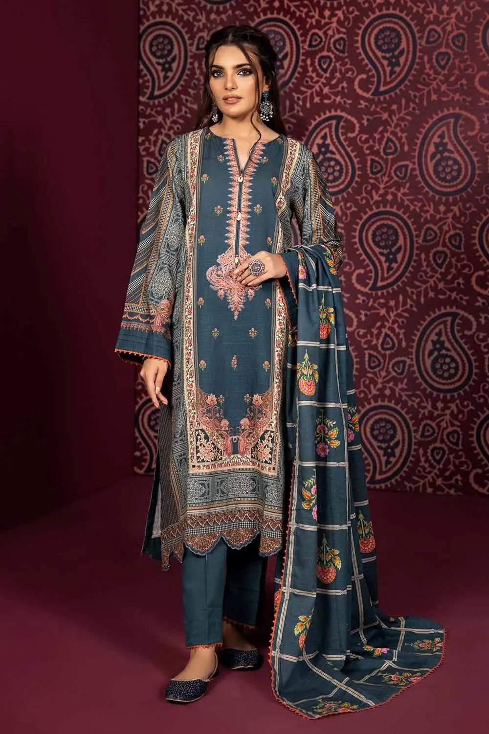 3PC Printed Khaddar Unstitched Suit with Embroidered Neckline on Organza K-32039
