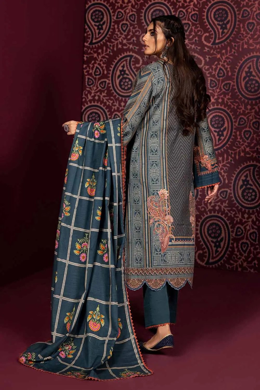 3PC Printed Khaddar Unstitched Suit with Embroidered Neckline on Organza K-32039