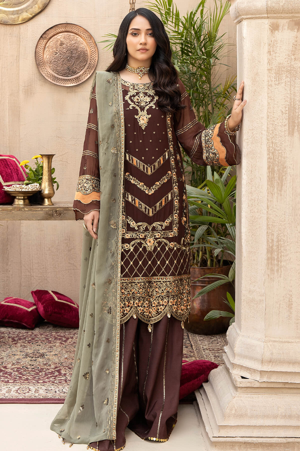 3PC EMBROIDERED CHIFFON UN-STITCHED SUITS-M-21 ROOHAY
