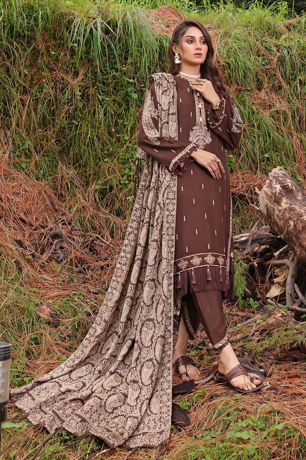 3PC Embroidered Acrylic Unstitched Suit with Jacquard Shawl MJ-32063