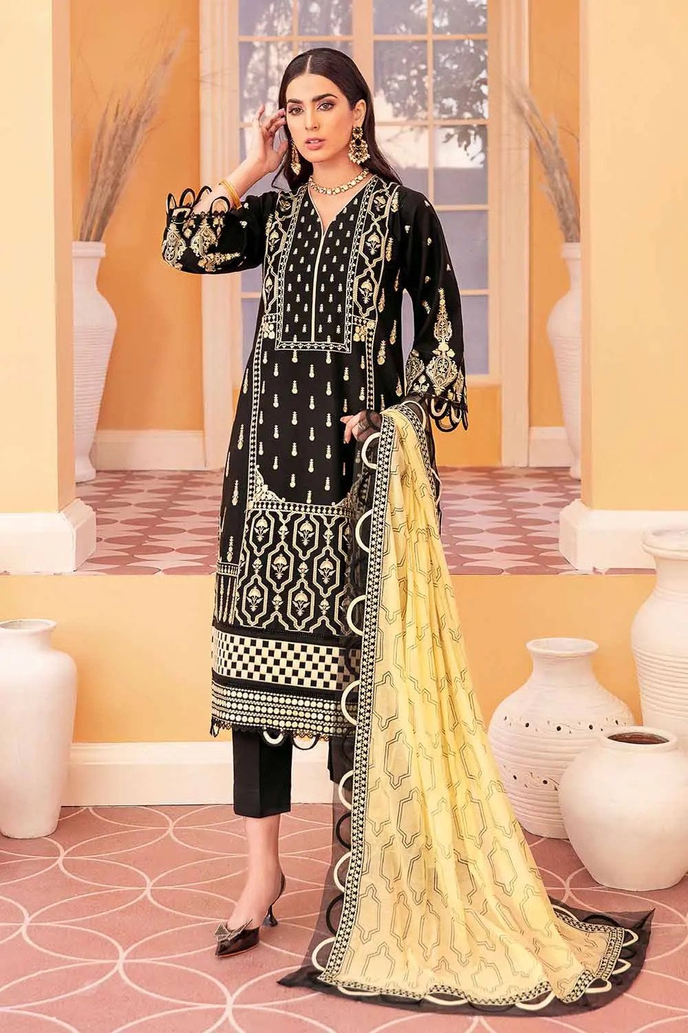 3PC Embroidered Lawn Unstitched Suit With Embroidered Net Dupatta PM-22004