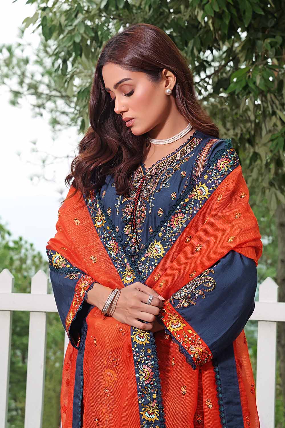 3PC Embroidered Silk Unstitched Suit with Embroidered Organza Net Dupatta PM-32080