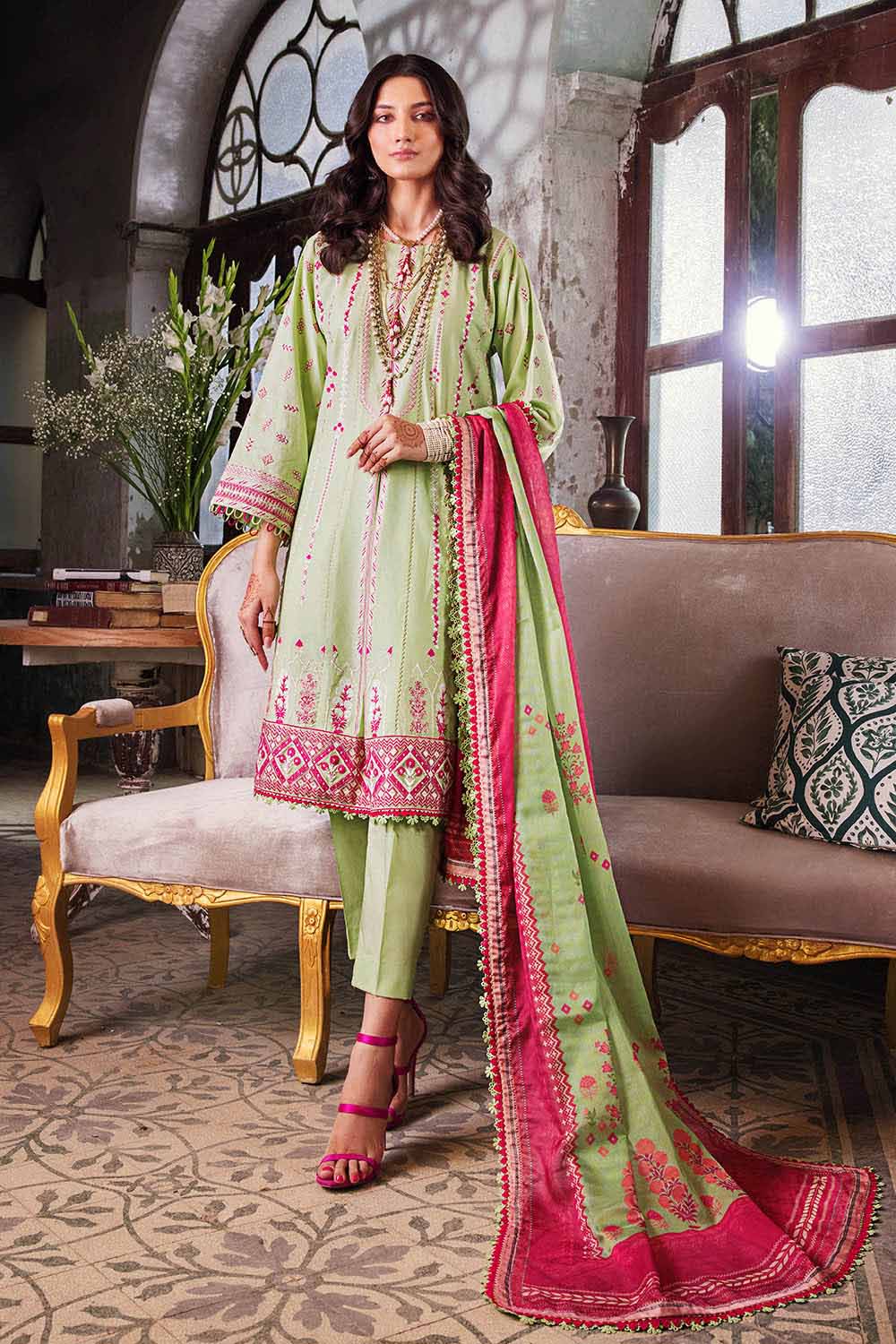 3PC Embroidered Lawn Unstitched Suit With Digital Printed Mehsuri Dupatta SP-32001