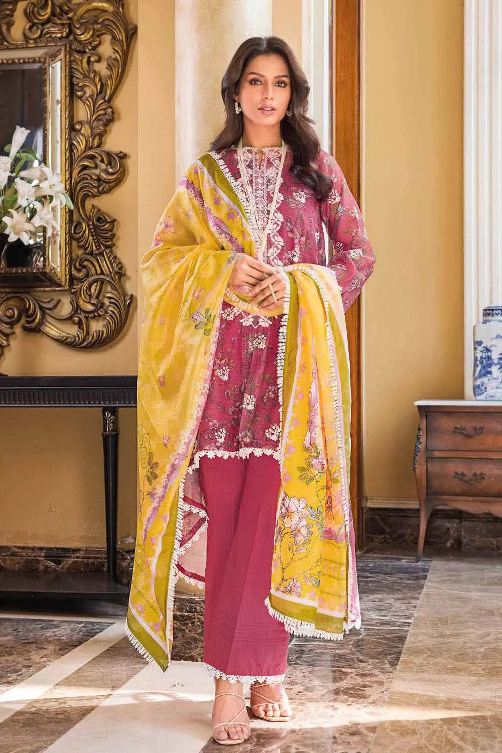3PC Embroidered Net Unstitched Suit With Silk Dupatta SSM-32009