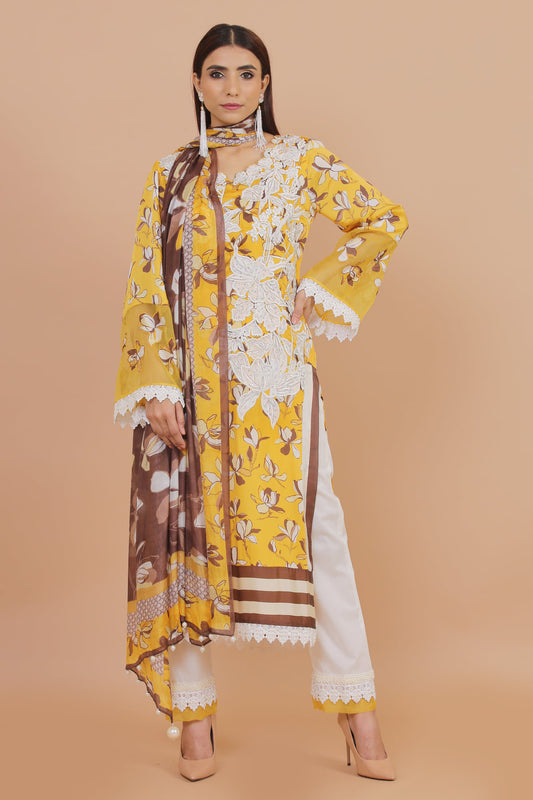 3PC UN-STITCHED SUITS-STSK-01-YELLOW MARIGOLD