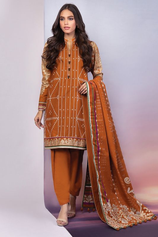 3 Pc Printed Khaddar Suit With Khaddar Dupatta-FW-1.1-21-Orange