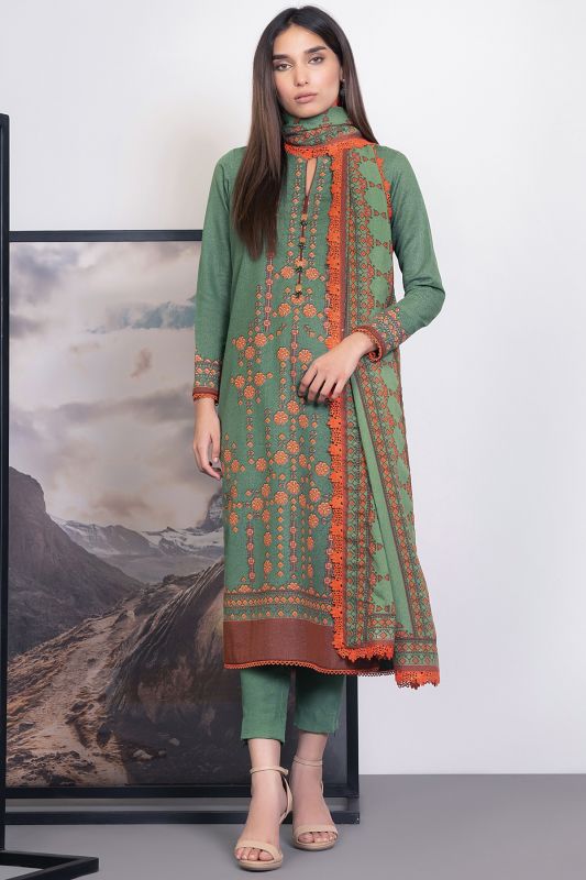 3 Pc Printed Karandi Suit With Karandi Dupatta-FW-13.1-21-Green