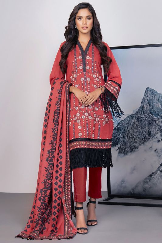 3 Pc Printed Karandi Suit With Karandi Dupatta-FW-13.1-21-Red
