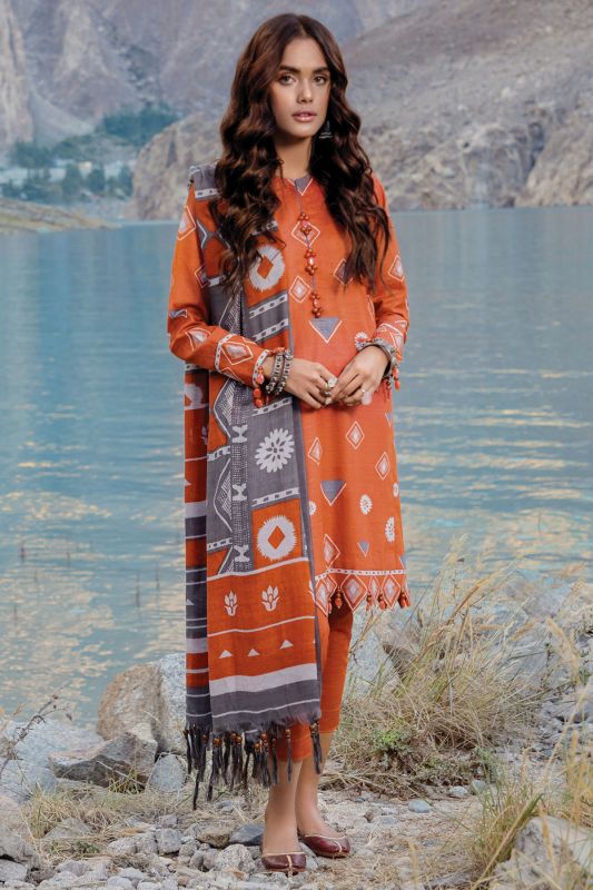 3 Pc Printed Khaddar Suit With Shawl-FW-16.1-21-Rust