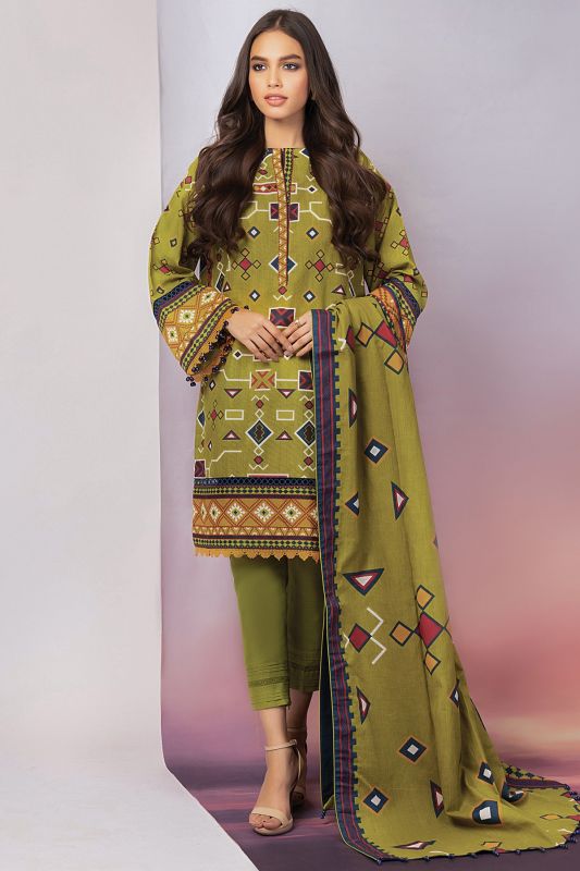 3 Pc Printed Khaddar Suit With Khaddar Dupatta-FW-19.1-21-Green