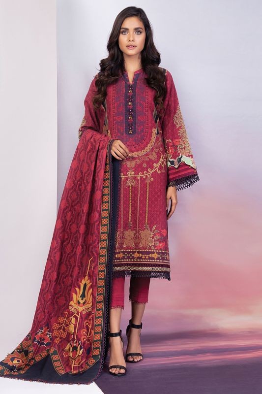 3 Pc Embroidered Khaddar Suit With Khaddar Dupatta-FW-24.1-21-Red