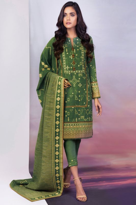 3 Pc Printed Khaddar Suit With Khaddar Dupatta-FW-40.1-21-Green