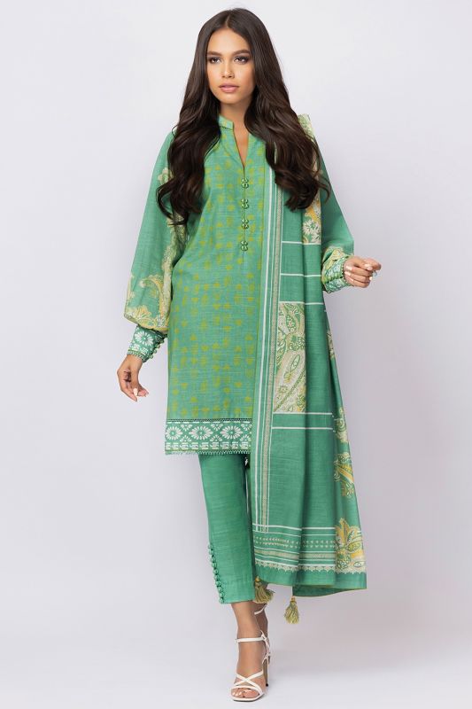3 Pc Printed Khaddar Suit With Khaddar Dupatta-FW-5.1-21-Green