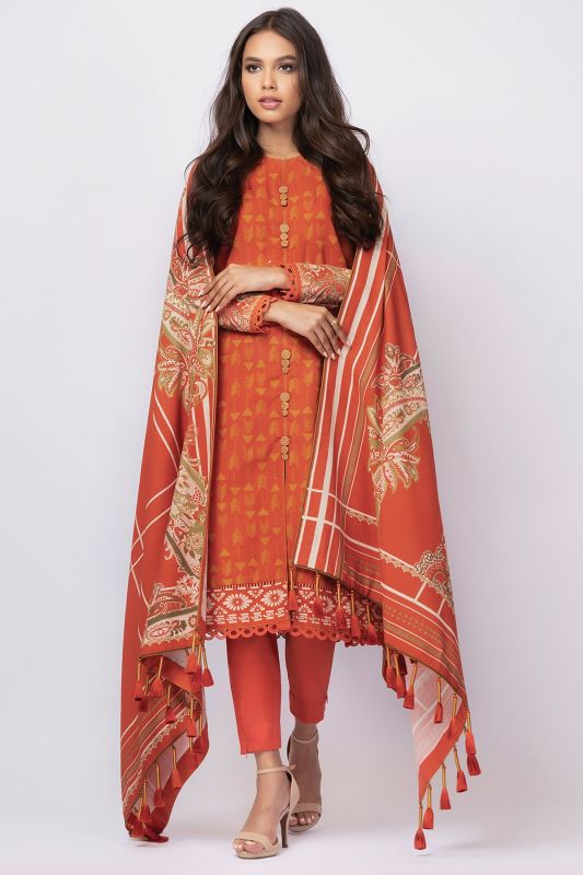 3 Pc Printed Khaddar Suit With Khaddar Dupatta-FW-5.1-21-Orange